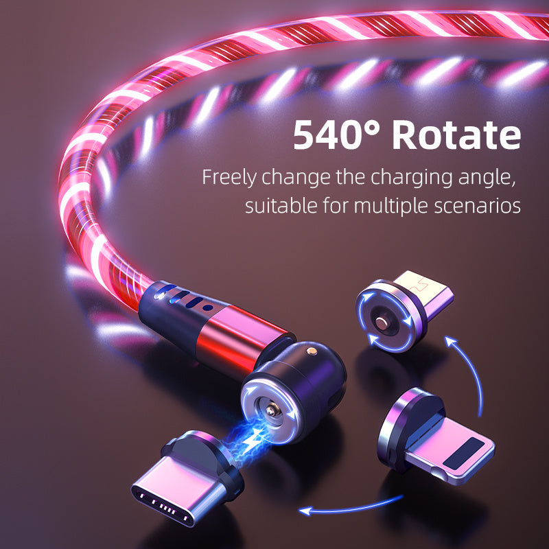 540° Rotating Magnetic LED Charging Cable – 3A Fast Charge for Micro USB, Type-C & iPhone