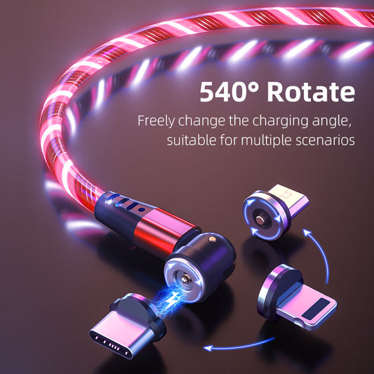 540° Rotating Magnetic LED Charging Cable – 3A Fast Charge for Micro USB, Type-C & iPhone